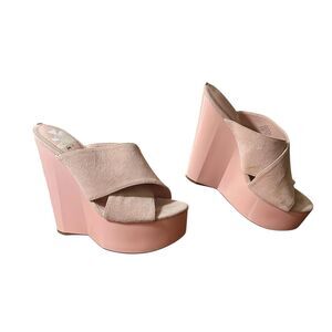 Guess Y2K Retro Sandals Women's Sz 8 Pink Suede Platform Wedge Slide Go-Go Pumps